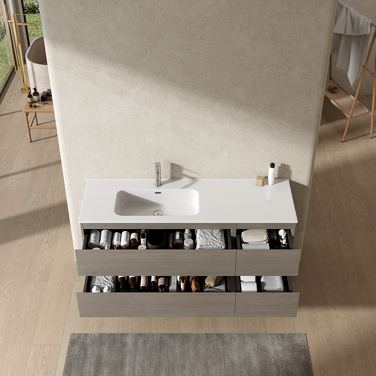 Mobile bagno sospeso 140 cm Beige Lavabo a Sinistra in Resina Senza Specchio - Fiji Wood