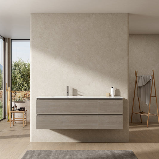 Mobile bagno sospeso 140 cm Beige Lavabo a Sinistra in Resina Senza Specchio - Fiji Wood