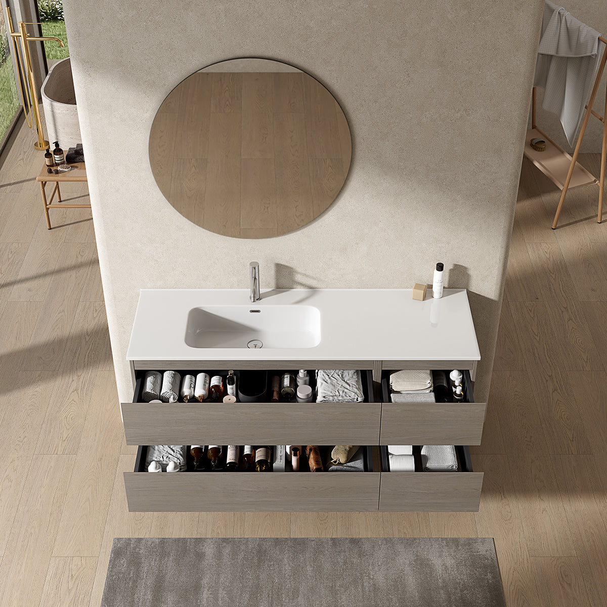 Mobile bagno sospeso 140 cm Beige Lavabo a Sinistra in Resina Specchio Tondo - Fiji Wood