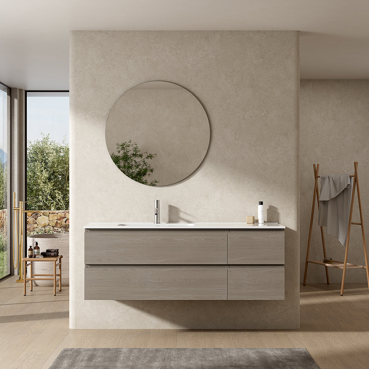 Mobile bagno sospeso 140 cm Beige Lavabo a Sinistra in Resina Specchio Tondo - Fiji Wood