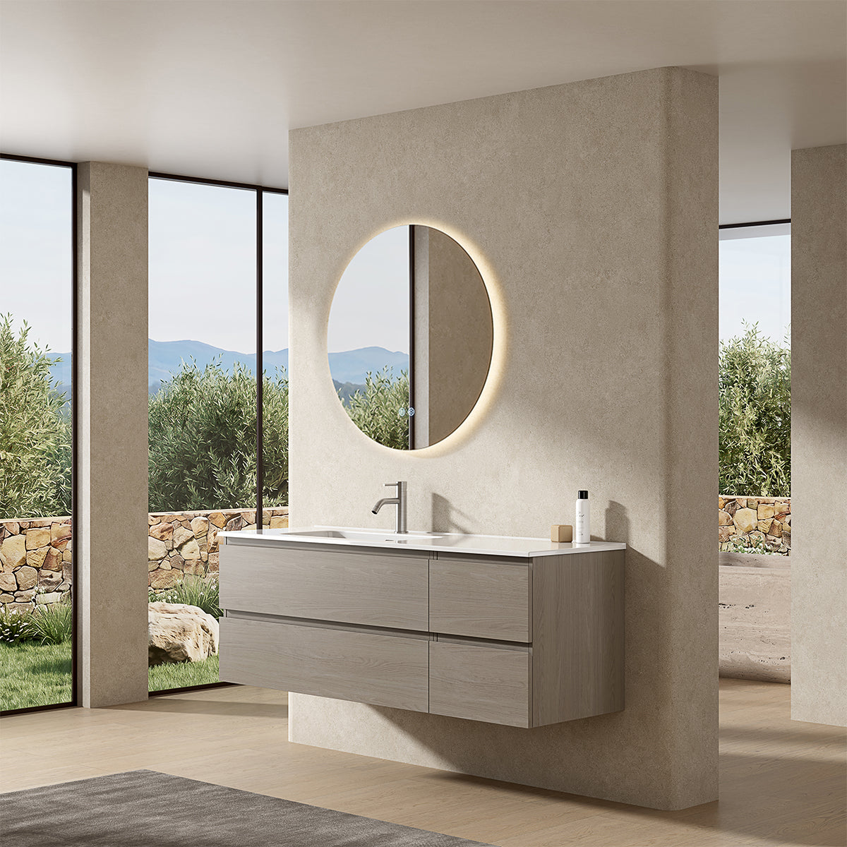 Mobile bagno sospeso 140 cm Beige Lavabo a Sinistra in Resina Specchio Tondo Retroilluminato - Fiji Wood