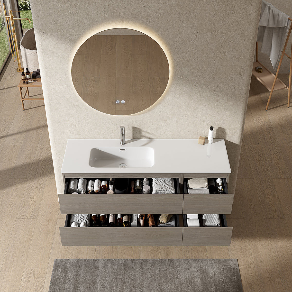 Mobile bagno sospeso 140 cm Beige Lavabo a Sinistra in Resina Specchio Tondo Retroilluminato - Fiji Wood