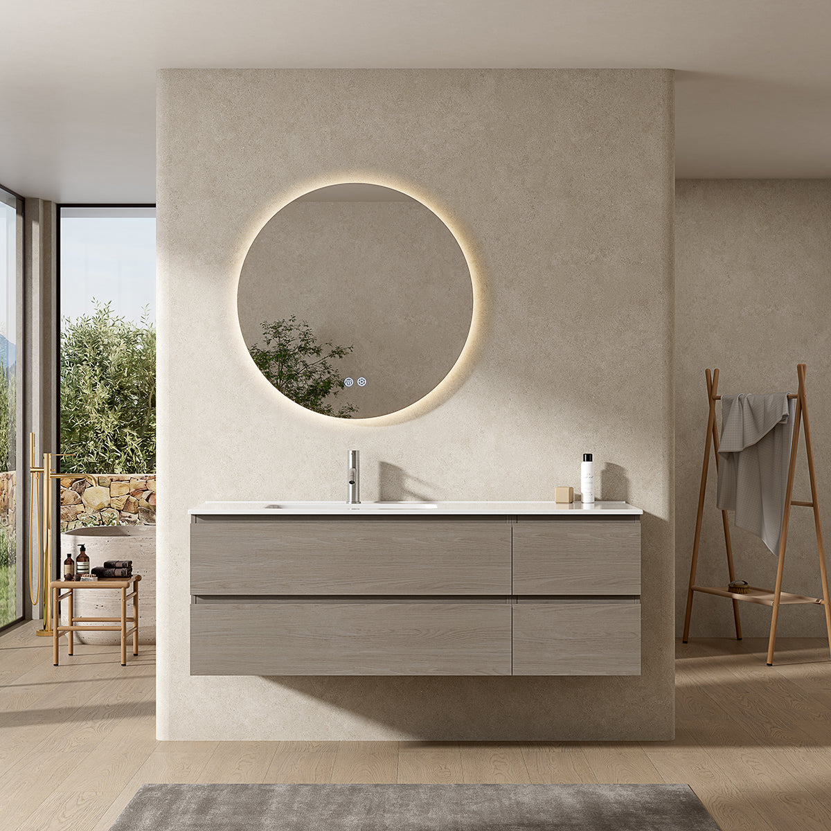 Mobile bagno sospeso 140 cm Beige Lavabo a Sinistra in Resina Specchio Tondo Retroilluminato - Fiji Wood