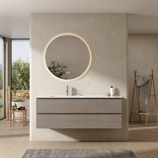 Mobile bagno sospeso 140 cm Beige Lavabo a Sinistra in Resina Specchio Tondo Retroilluminato - Fiji Wood