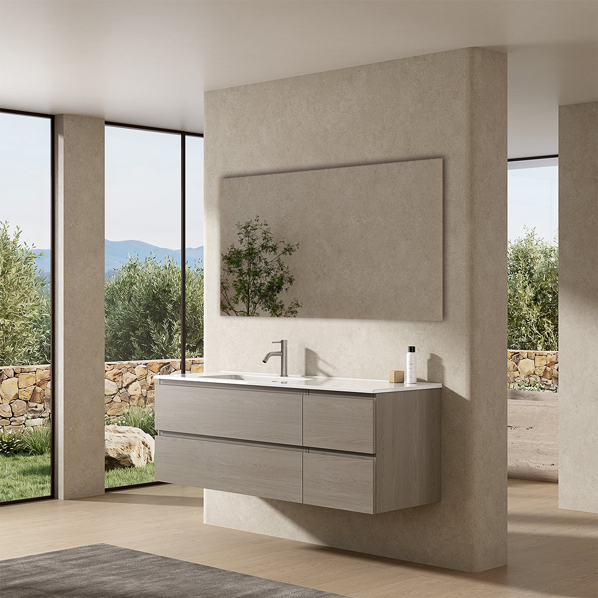 Mobile bagno sospeso 140 cm Beige Lavabo a Sinistra in Resina Specchio Quadro - Fiji Wood