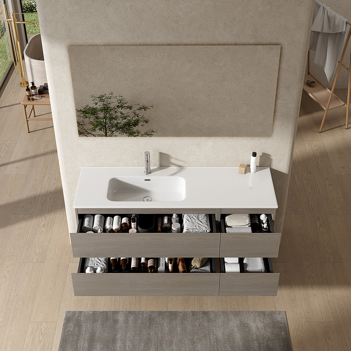 Mobile bagno sospeso 140 cm Beige Lavabo a Sinistra in Resina Specchio Quadro - Fiji Wood