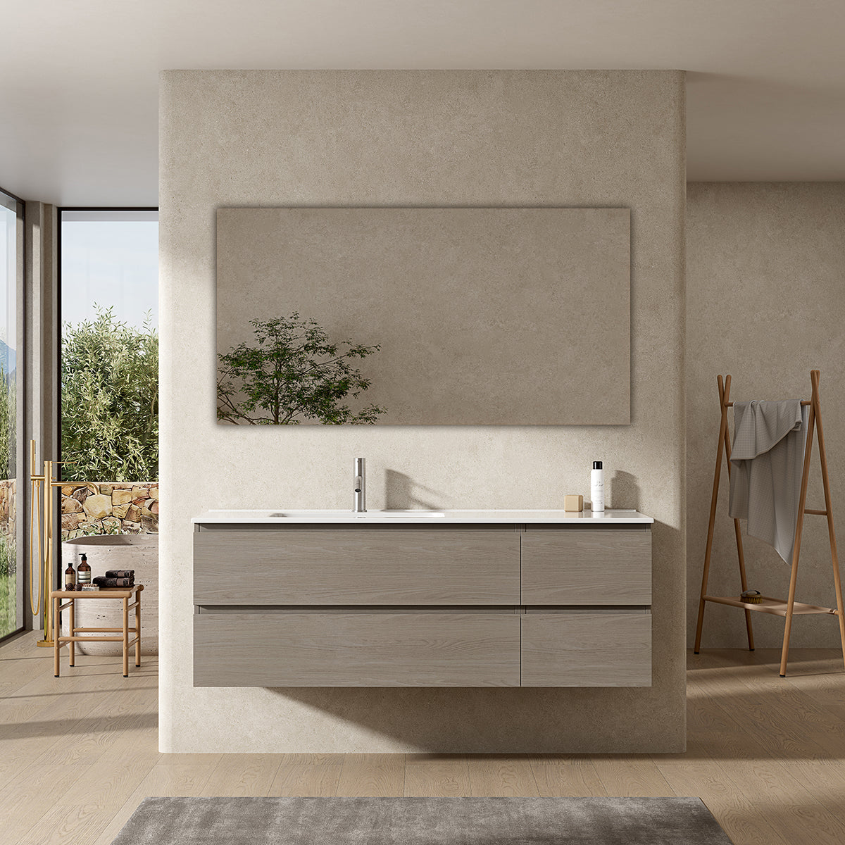 Mobile bagno sospeso 140 cm Beige Lavabo a Sinistra in Resina Specchio Quadro - Fiji Wood