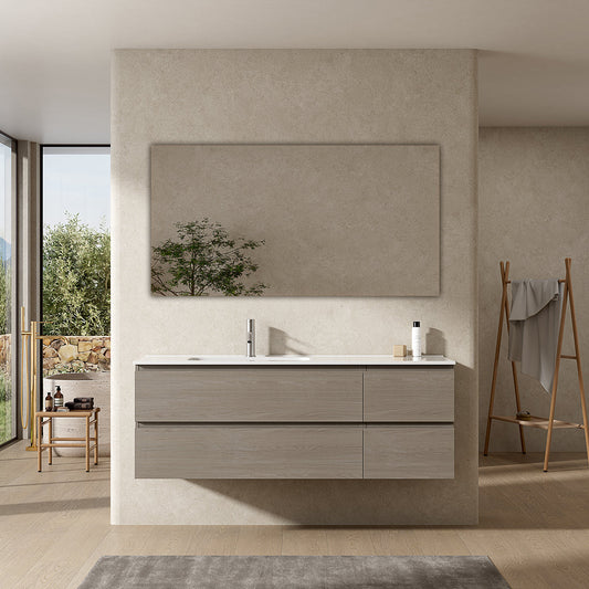 Mobile bagno sospeso 140 cm Beige Lavabo a Sinistra in Resina Specchio Quadro - Fiji Wood
