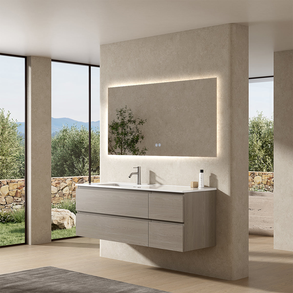 Mobile bagno sospeso 140 cm Beige Lavabo a Sinistra in Resina Specchio Quadro Retroilluminato - Fiji Wood