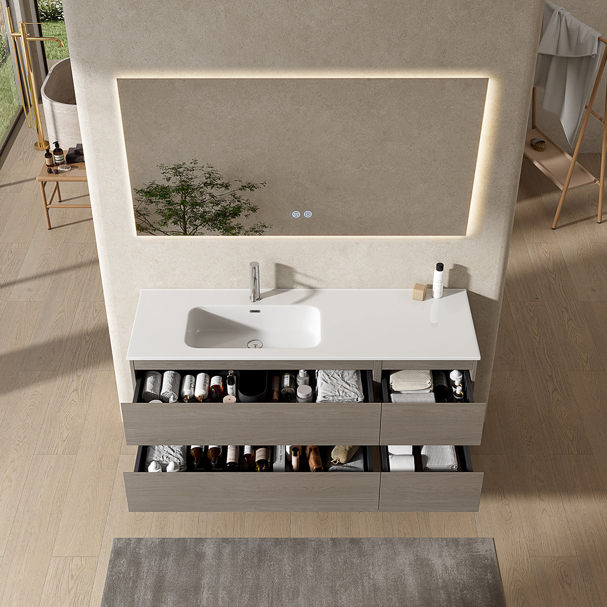 Mobile bagno sospeso 140 cm Beige Lavabo a Sinistra in Resina Specchio Quadro Retroilluminato - Fiji Wood
