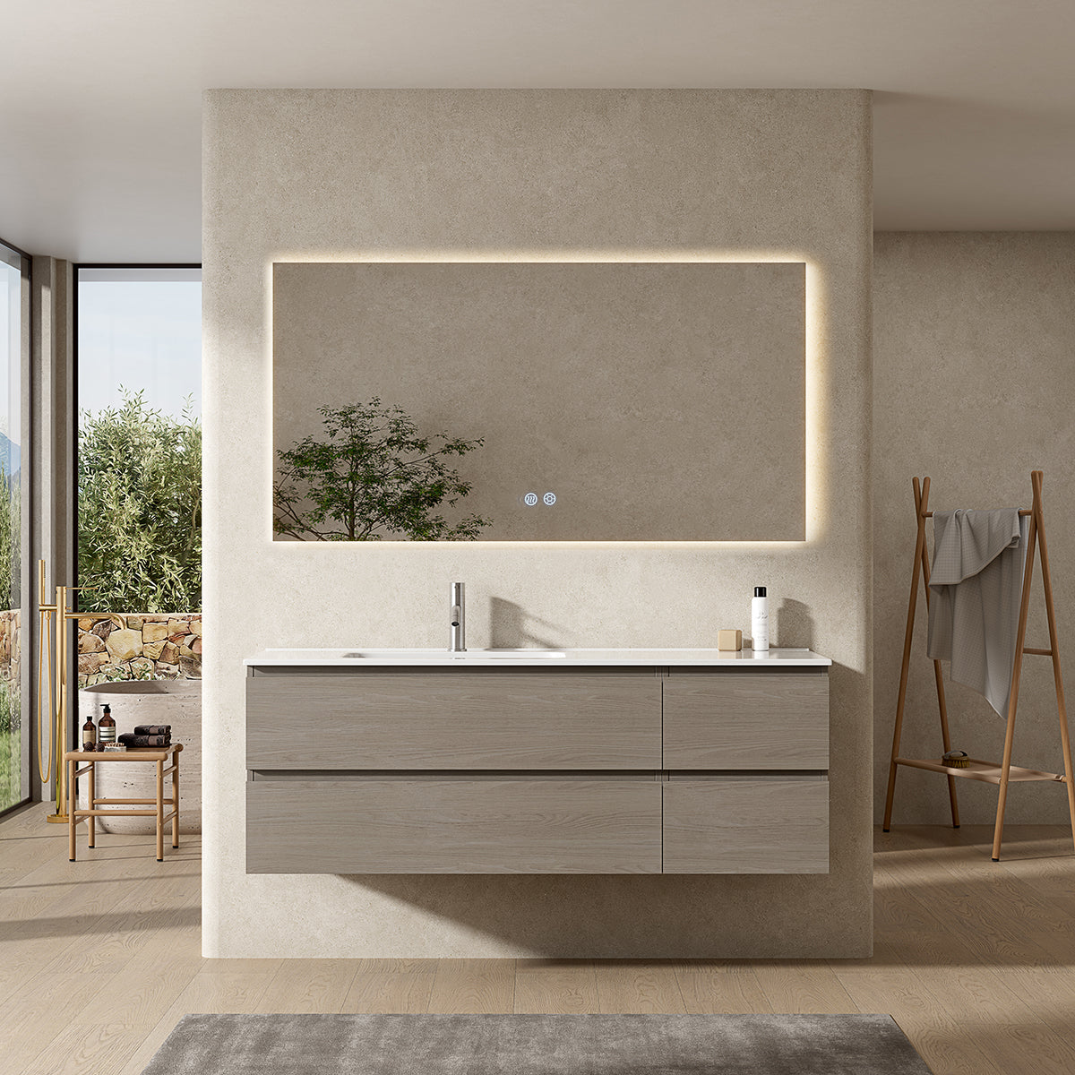 Mobile bagno sospeso 140 cm Beige Lavabo a Sinistra in Resina Specchio Quadro Retroilluminato - Fiji Wood