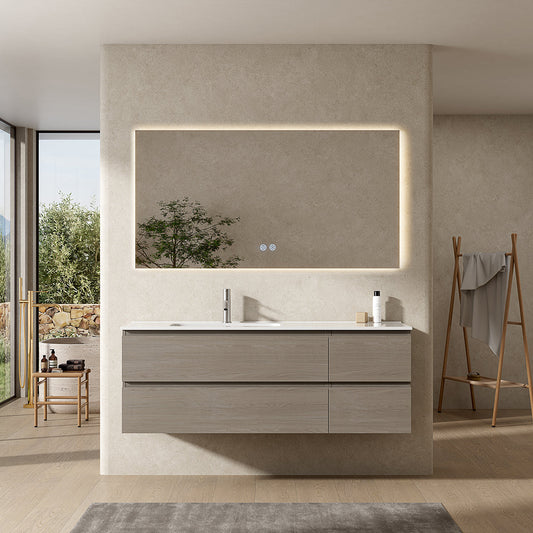 Mobile bagno sospeso 140 cm Beige Lavabo a Sinistra in Resina Specchio Quadro Retroilluminato - Fiji Wood