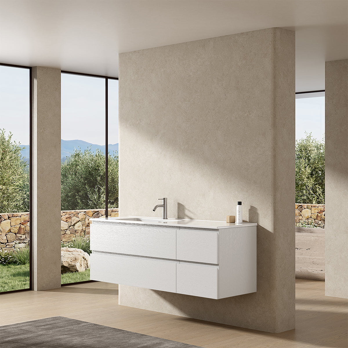 Mobile bagno sospeso 140 cm Bianco Lavabo a Sinistra in Resina Senza Specchio - Fiji Wood