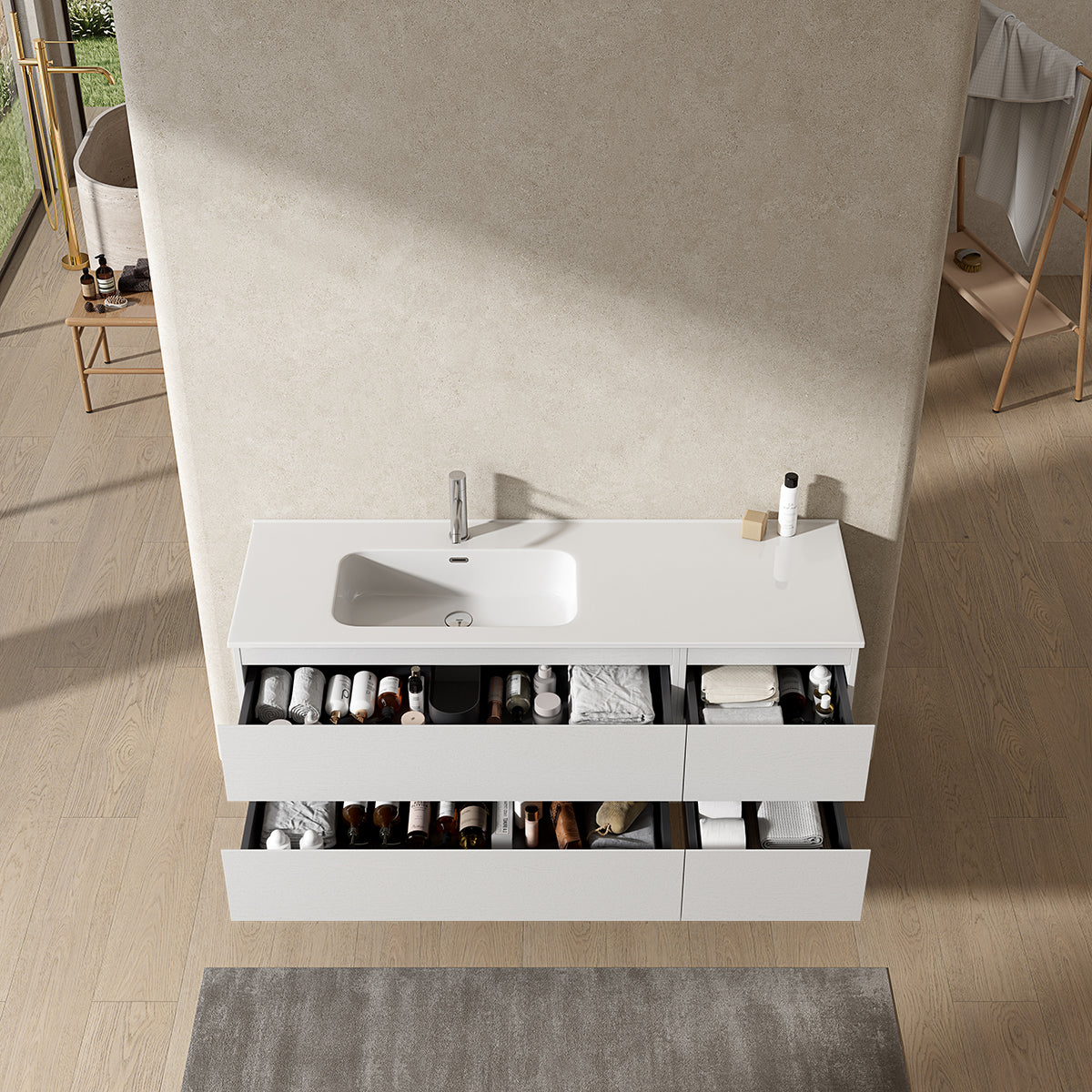Mobile bagno sospeso 140 cm Bianco Lavabo a Sinistra in Resina Senza Specchio - Fiji Wood