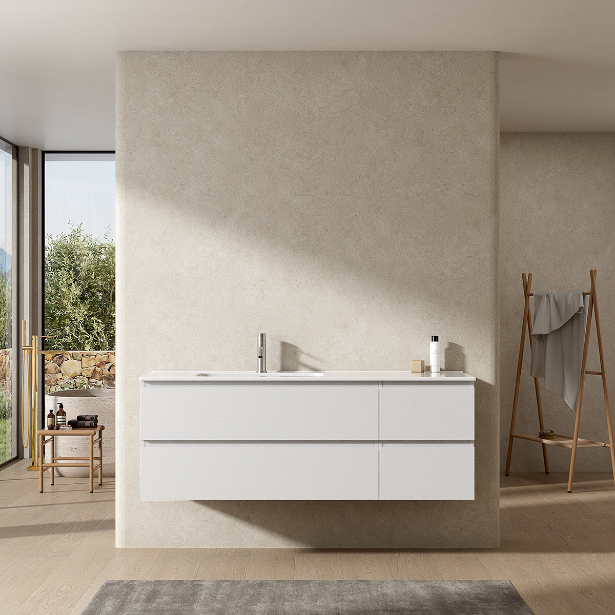 Mobile bagno sospeso 140 cm Bianco Lavabo a Sinistra in Resina Senza Specchio - Fiji Wood