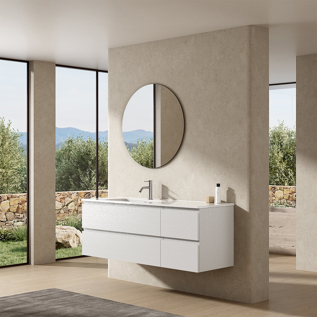 Mobile bagno sospeso 140 cm Bianco Lavabo a Sinistra in Resina Specchio Tondo - Fiji Wood