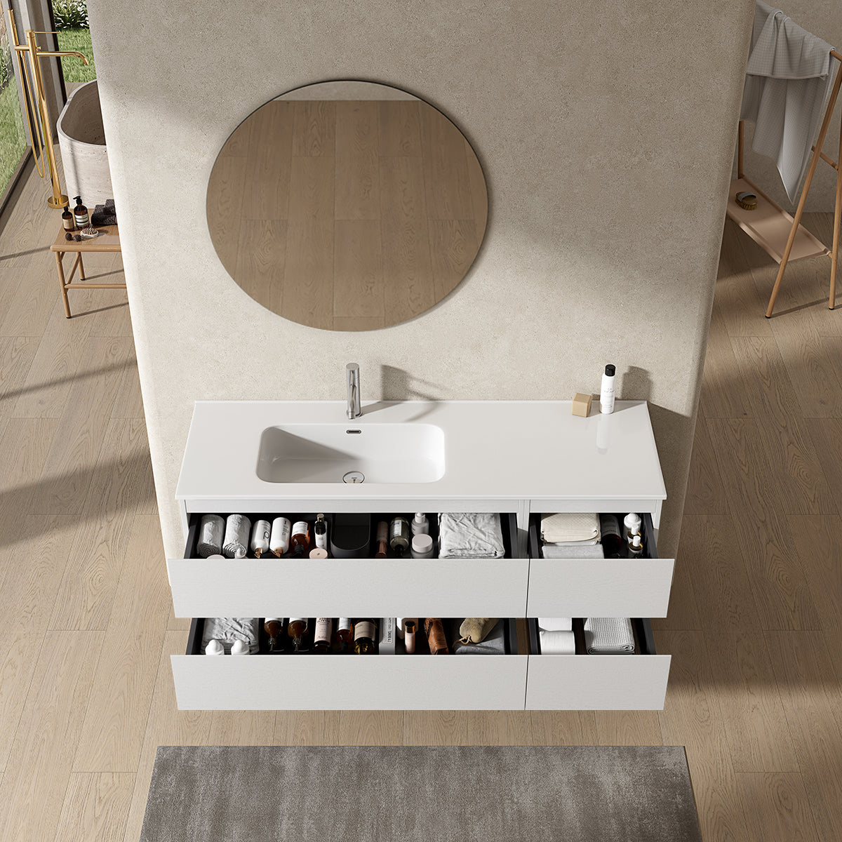 Mobile bagno sospeso 140 cm Bianco Lavabo a Sinistra in Resina Specchio Tondo - Fiji Wood
