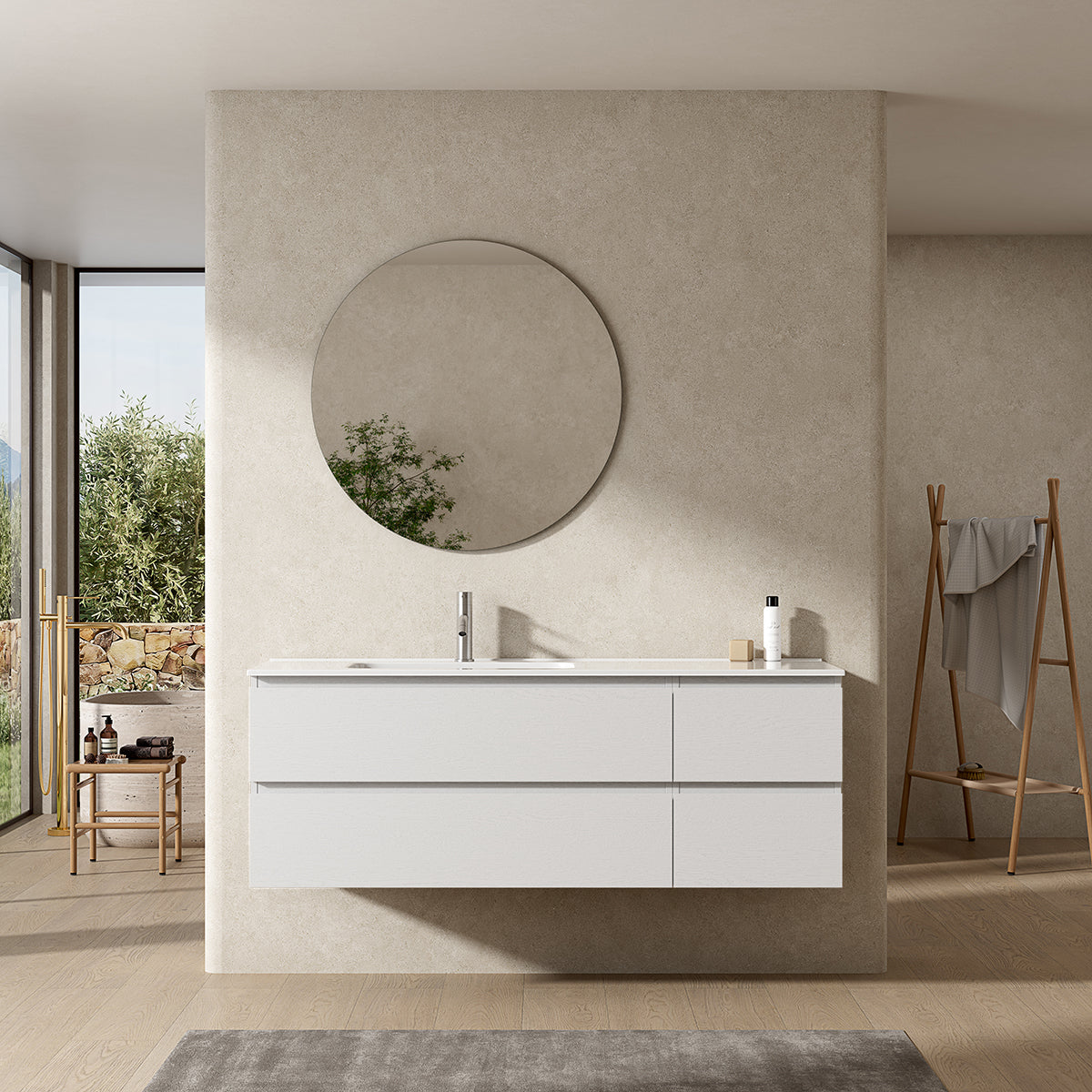 Mobile bagno sospeso 140 cm Bianco Lavabo a Sinistra in Resina Specchio Tondo - Fiji Wood