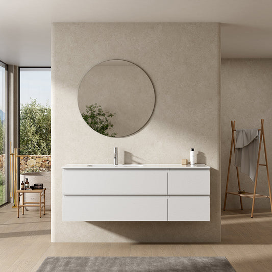 Mobile bagno sospeso 140 cm Bianco Lavabo a Sinistra in Resina Specchio Tondo - Fiji Wood
