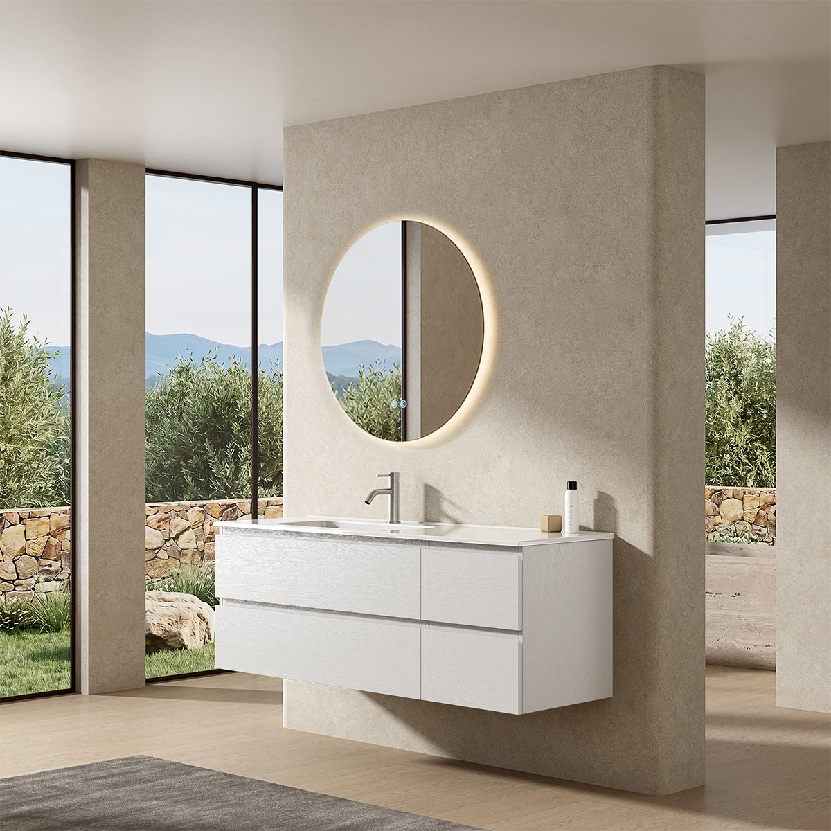 Mobile bagno sospeso 140 cm Bianco Lavabo a Sinistra in Resina Specchio Tondo Retroilluminato - Fiji Wood