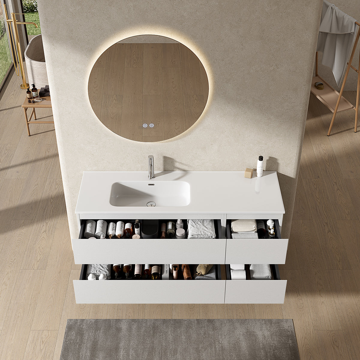 Mobile bagno sospeso 140 cm Bianco Lavabo a Sinistra in Resina Specchio Tondo Retroilluminato - Fiji Wood