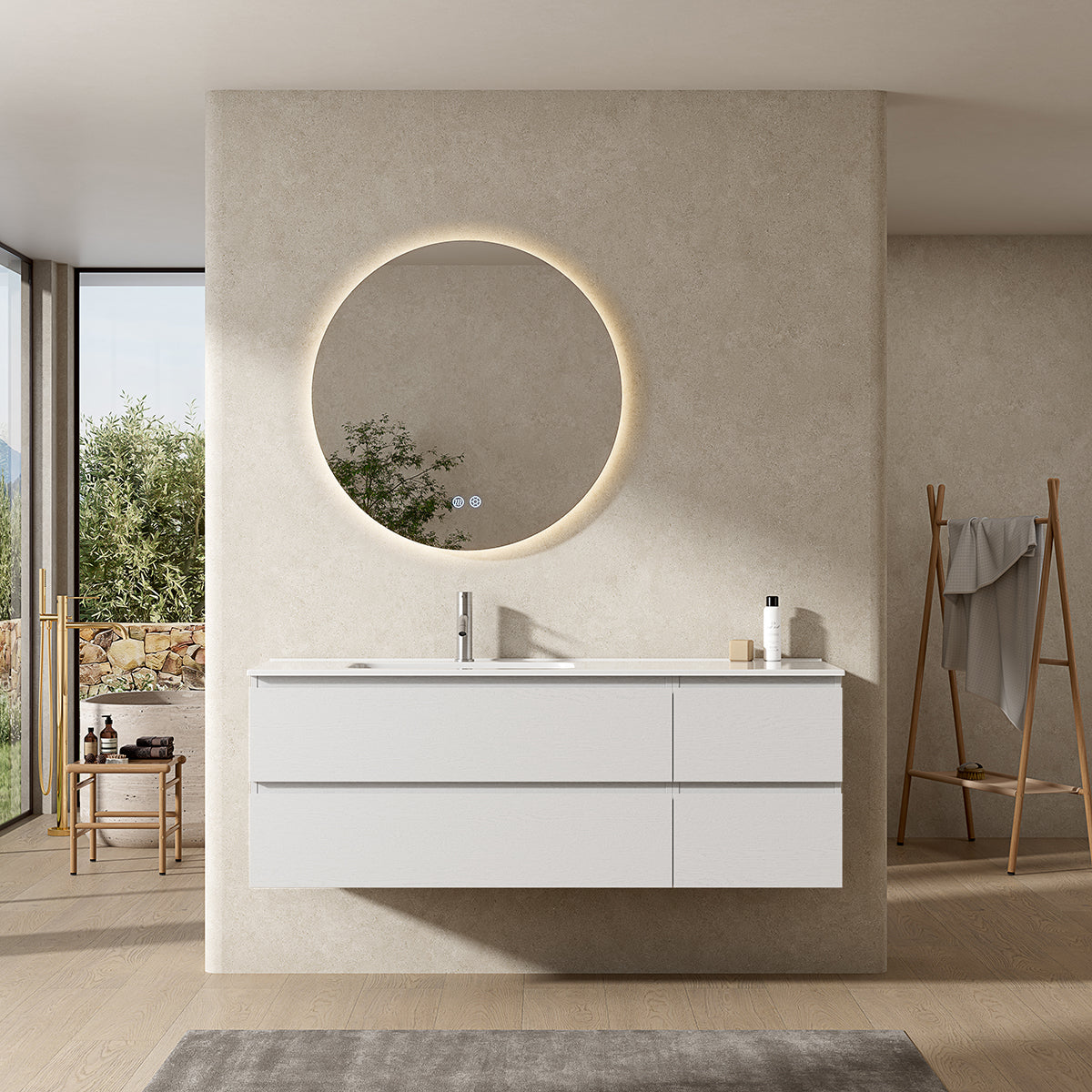 Mobile bagno sospeso 140 cm Bianco Lavabo a Sinistra in Resina Specchio Tondo Retroilluminato - Fiji Wood