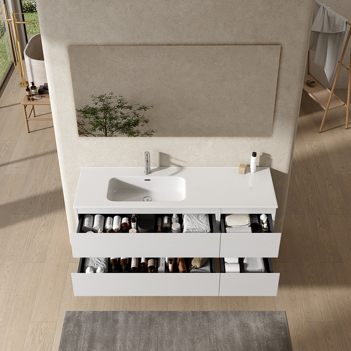 Mobile bagno sospeso 140 cm Bianco Lavabo a Sinistra in Resina Specchio Quadro - Fiji Wood