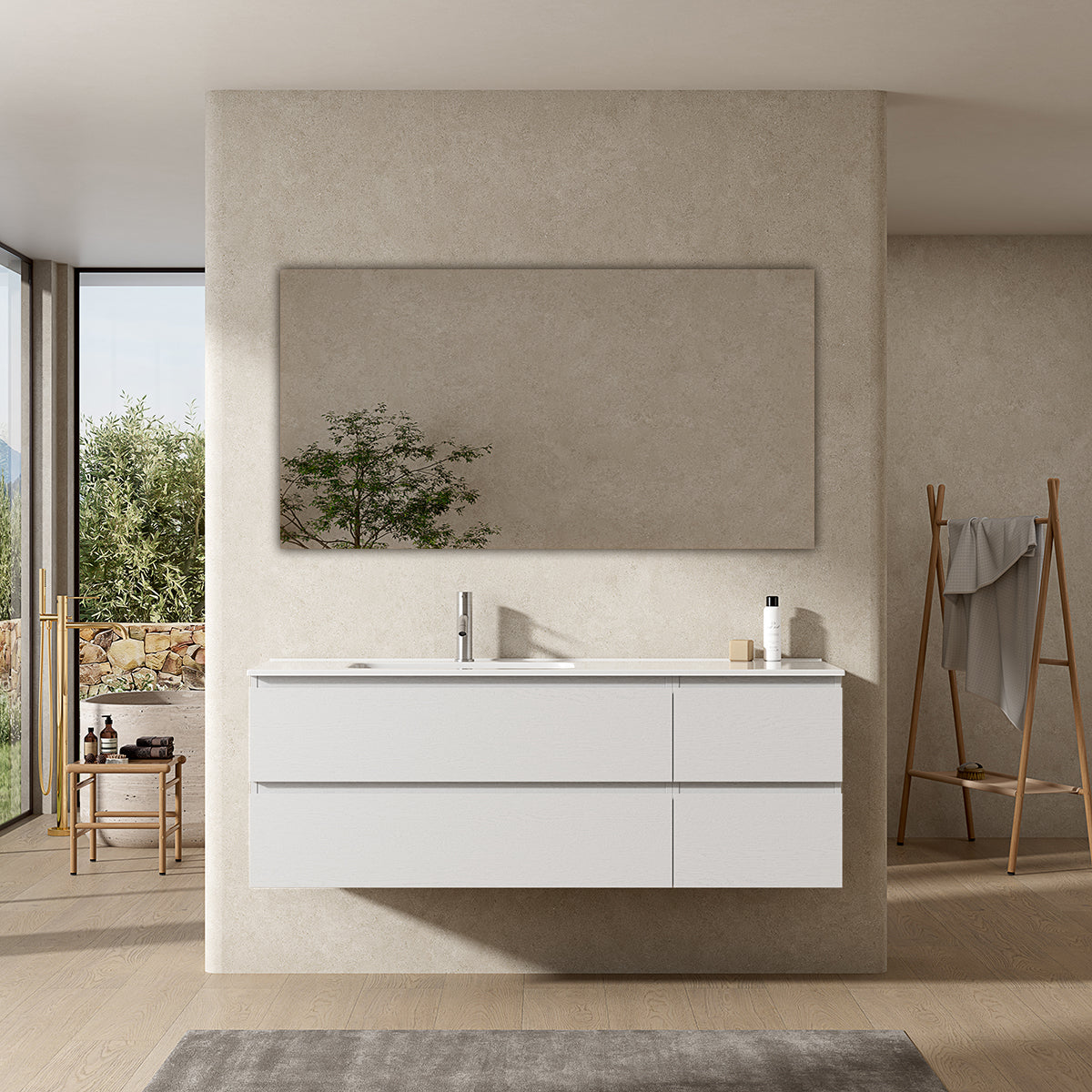 Mobile bagno sospeso 140 cm Bianco Lavabo a Sinistra in Resina Specchio Quadro - Fiji Wood