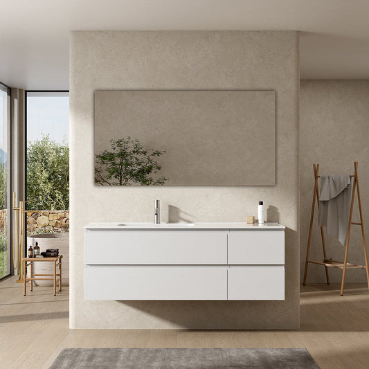 Mobile bagno sospeso 140 cm Bianco Lavabo a Sinistra in Resina Specchio Quadro - Fiji Wood