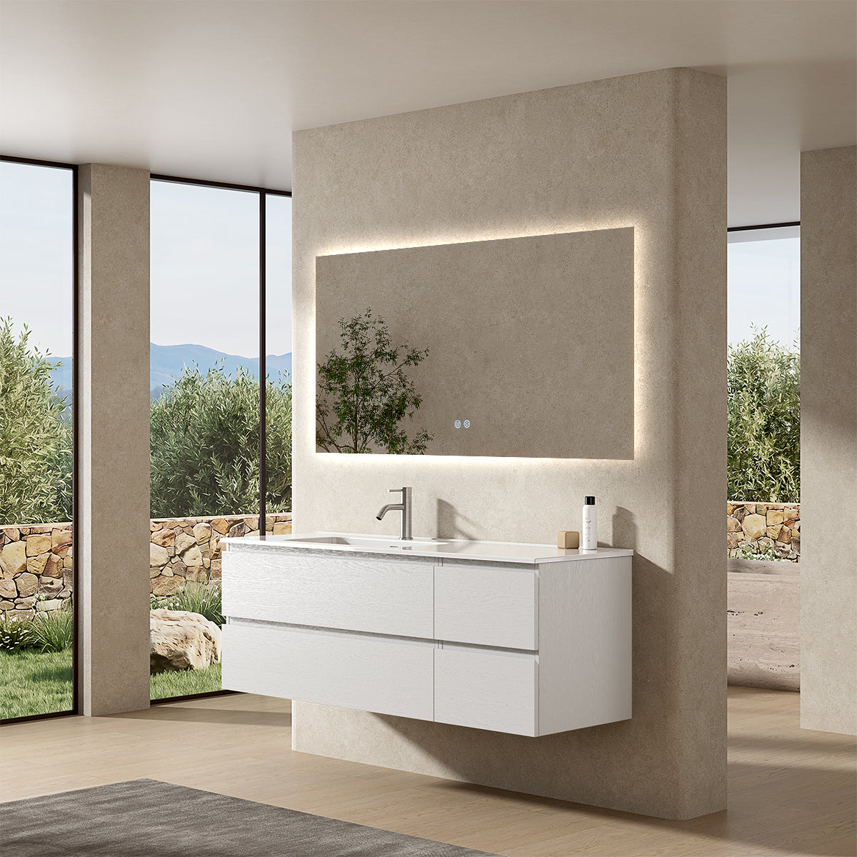 Mobile bagno sospeso 140 cm Bianco Lavabo a Sinistra in Resina Specchio Quadro Retroilluminato - Fiji Wood