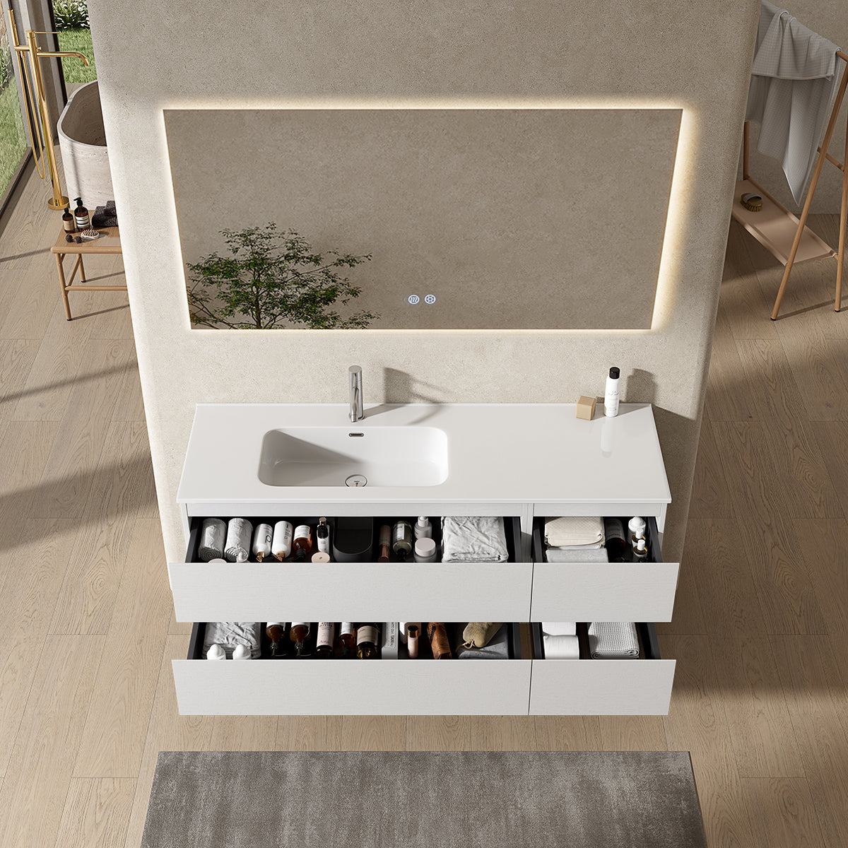 Mobile bagno sospeso 140 cm Bianco Lavabo a Sinistra in Resina Specchio Quadro Retroilluminato - Fiji Wood