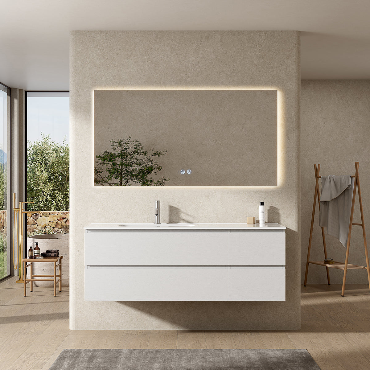 Mobile bagno sospeso 140 cm Bianco Lavabo a Sinistra in Resina Specchio Quadro Retroilluminato - Fiji Wood