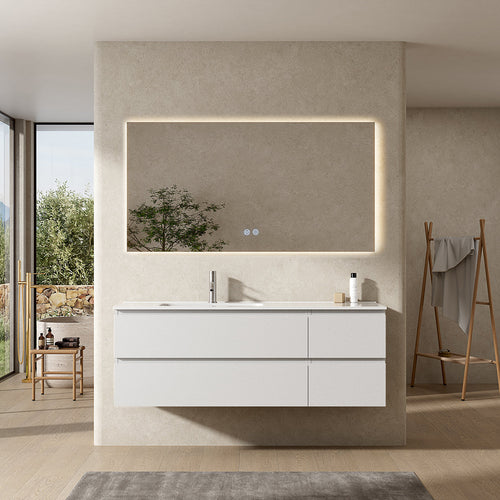 Mobile bagno sospeso 140 cm Bianco Lavabo a Sinistra in Resina Specchio Quadro Retroilluminato - Fiji Wood