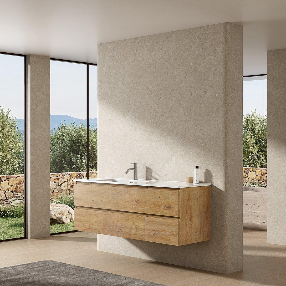Mobile bagno sospeso 140 cm Bruno Medio Lavabo a Sinistra in Resina Senza Specchio - Fiji Wood