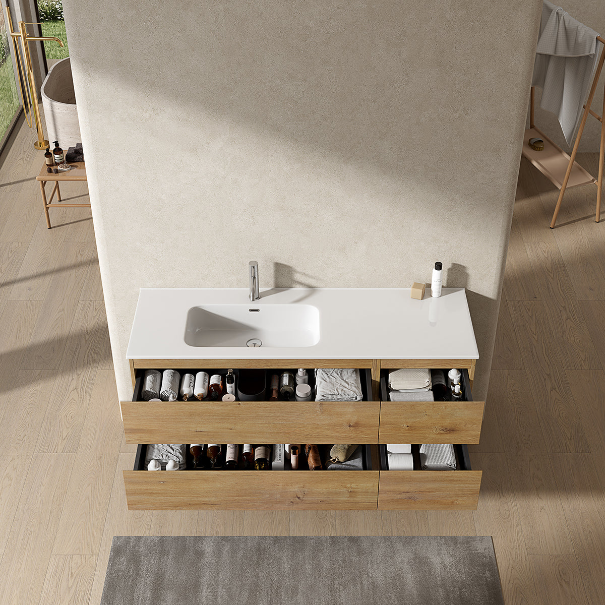 Mobile bagno sospeso 140 cm Bruno Medio Lavabo a Sinistra in Resina Senza Specchio - Fiji Wood