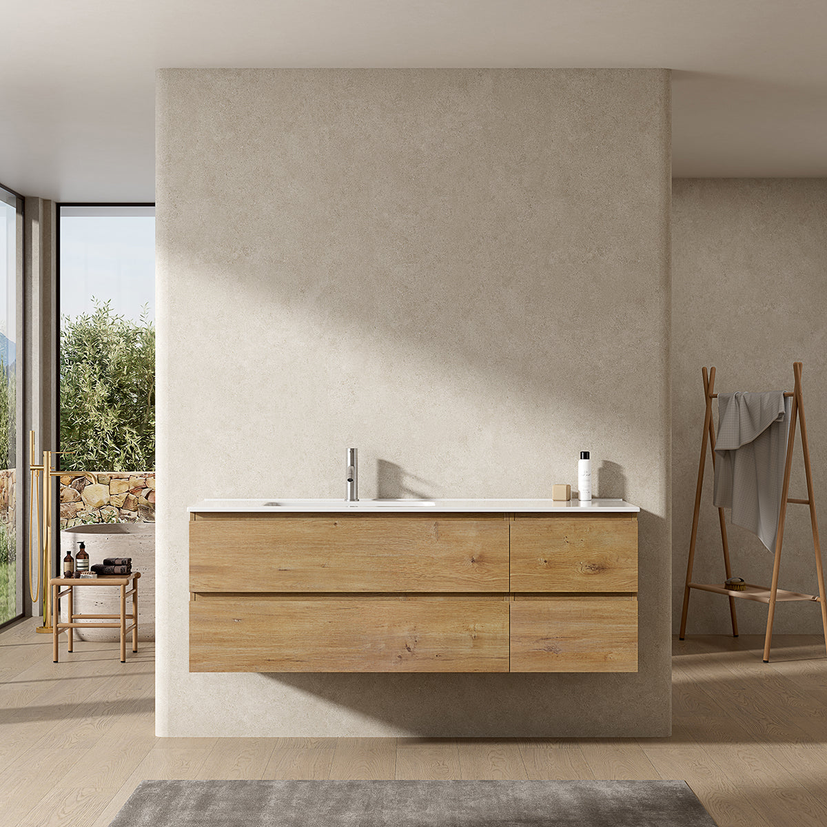 Mobile bagno sospeso 140 cm Bruno Medio Lavabo a Sinistra in Resina Senza Specchio - Fiji Wood