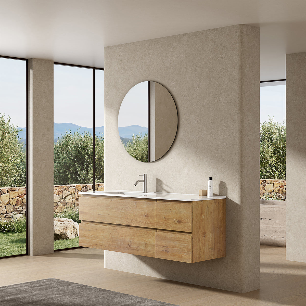 Mobile bagno sospeso 140 cm Bruno Medio Lavabo a Sinistra in Resina Specchio Tondo - Fiji Wood