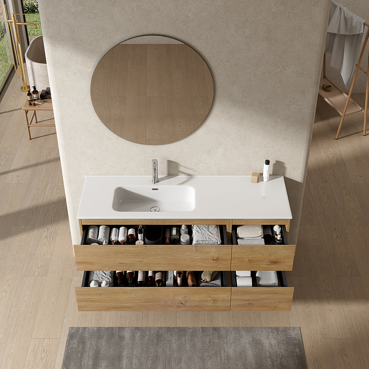 Mobile bagno sospeso 140 cm Bruno Medio Lavabo a Sinistra in Resina Specchio Tondo - Fiji Wood