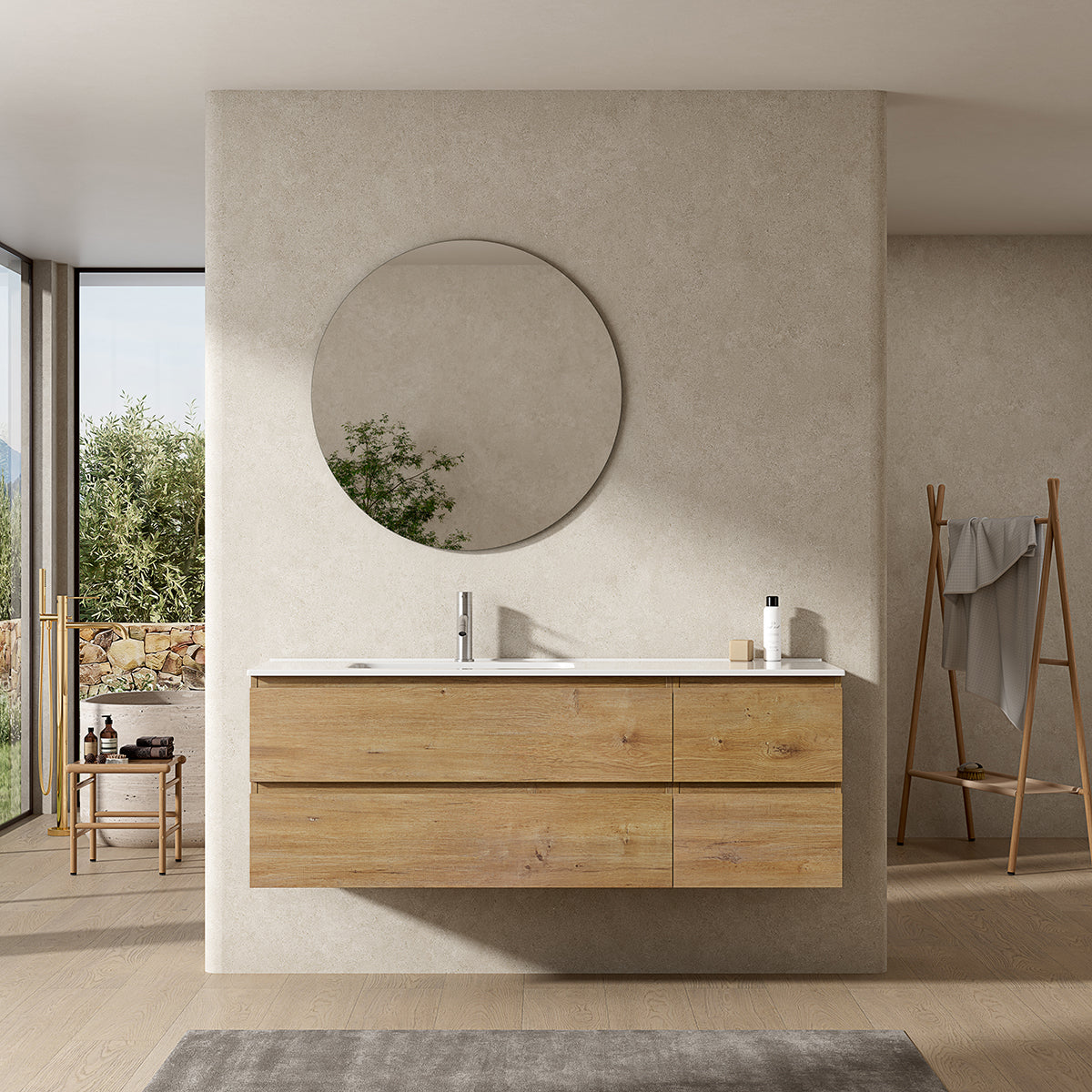 Mobile bagno sospeso 140 cm Bruno Medio Lavabo a Sinistra in Resina Specchio Tondo - Fiji Wood