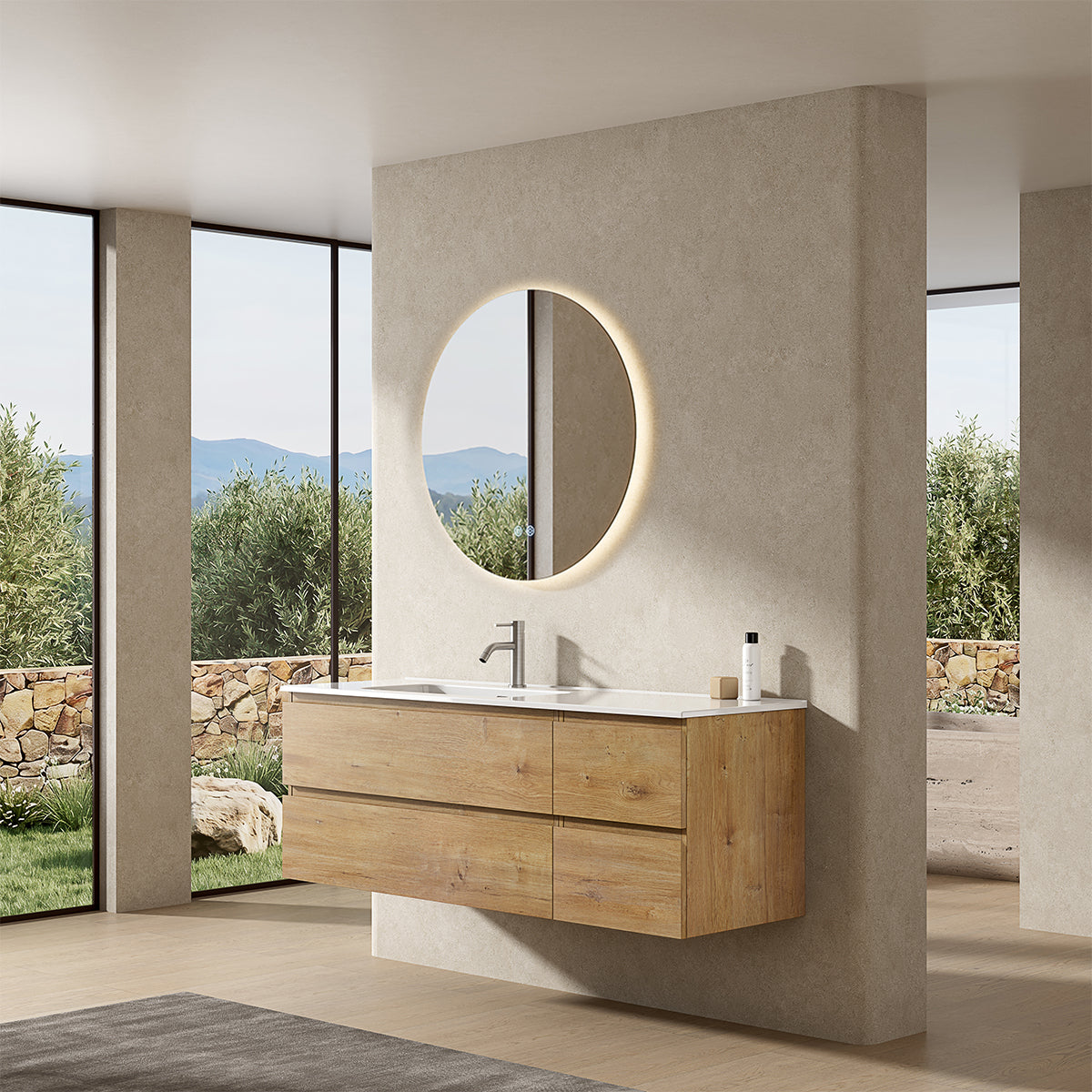 Mobile bagno sospeso 140 cm Bruno Medio Lavabo a Sinistra in Resina Specchio Tondo Retroilluminato - Fiji Wood