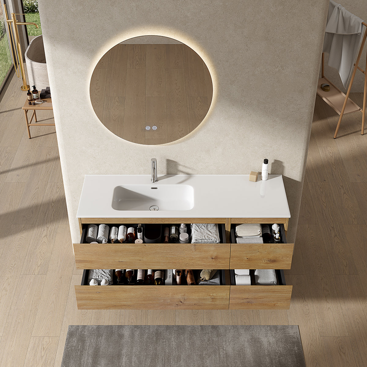 Mobile bagno sospeso 140 cm Bruno Medio Lavabo a Sinistra in Resina Specchio Tondo Retroilluminato - Fiji Wood
