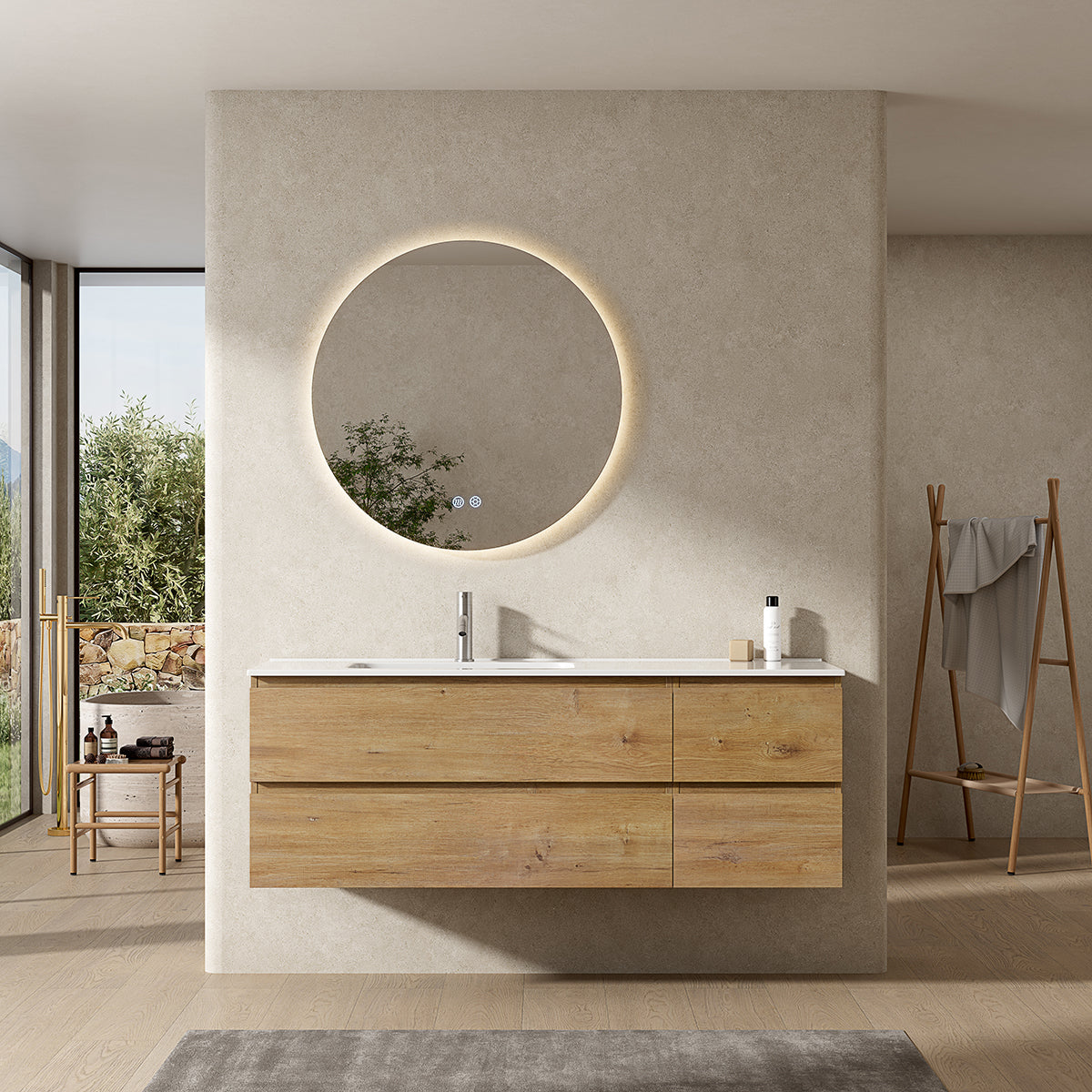 Mobile bagno sospeso 140 cm Bruno Medio Lavabo a Sinistra in Resina Specchio Tondo Retroilluminato - Fiji Wood