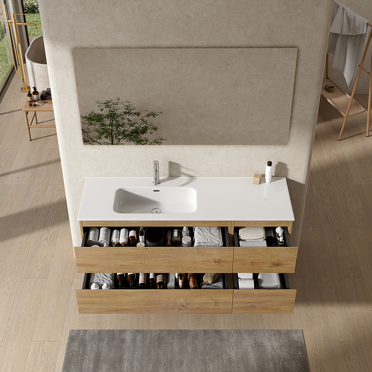 Mobile bagno sospeso 140 cm Bruno Medio Lavabo a Sinistra in Resina Specchio Quadro - Fiji Wood
