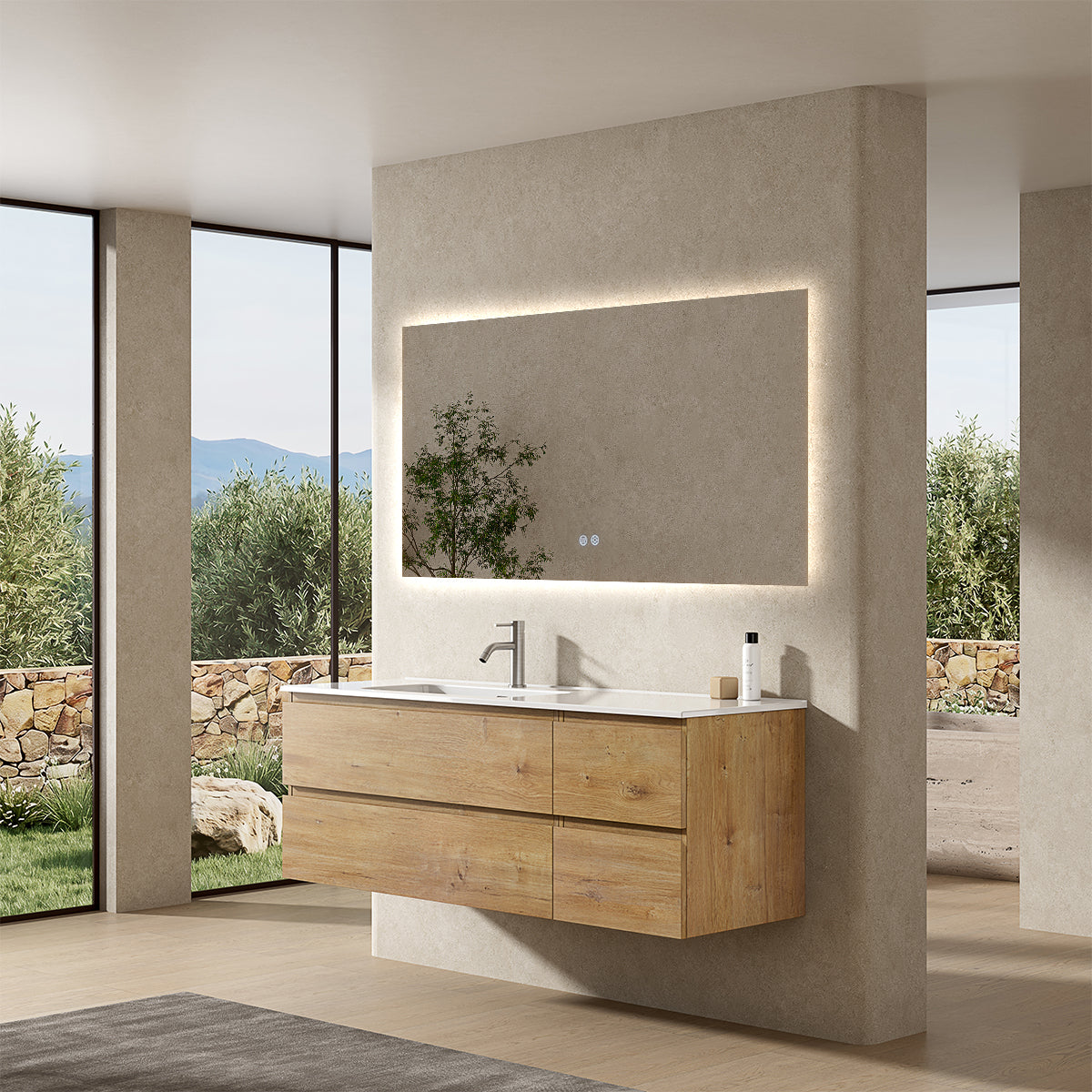 Mobile bagno sospeso 140 cm Bruno Medio Lavabo a Sinistra in Resina Specchio Quadro Retroilluminato - Fiji Wood