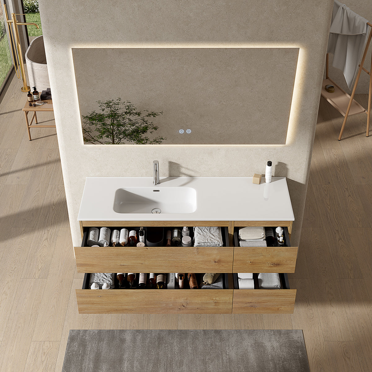 Mobile bagno sospeso 140 cm Bruno Medio Lavabo a Sinistra in Resina Specchio Quadro Retroilluminato - Fiji Wood