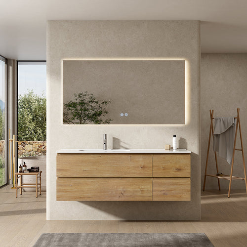Mobile bagno sospeso 140 cm Bruno Medio Lavabo a Sinistra in Resina Specchio Quadro Retroilluminato - Fiji Wood
