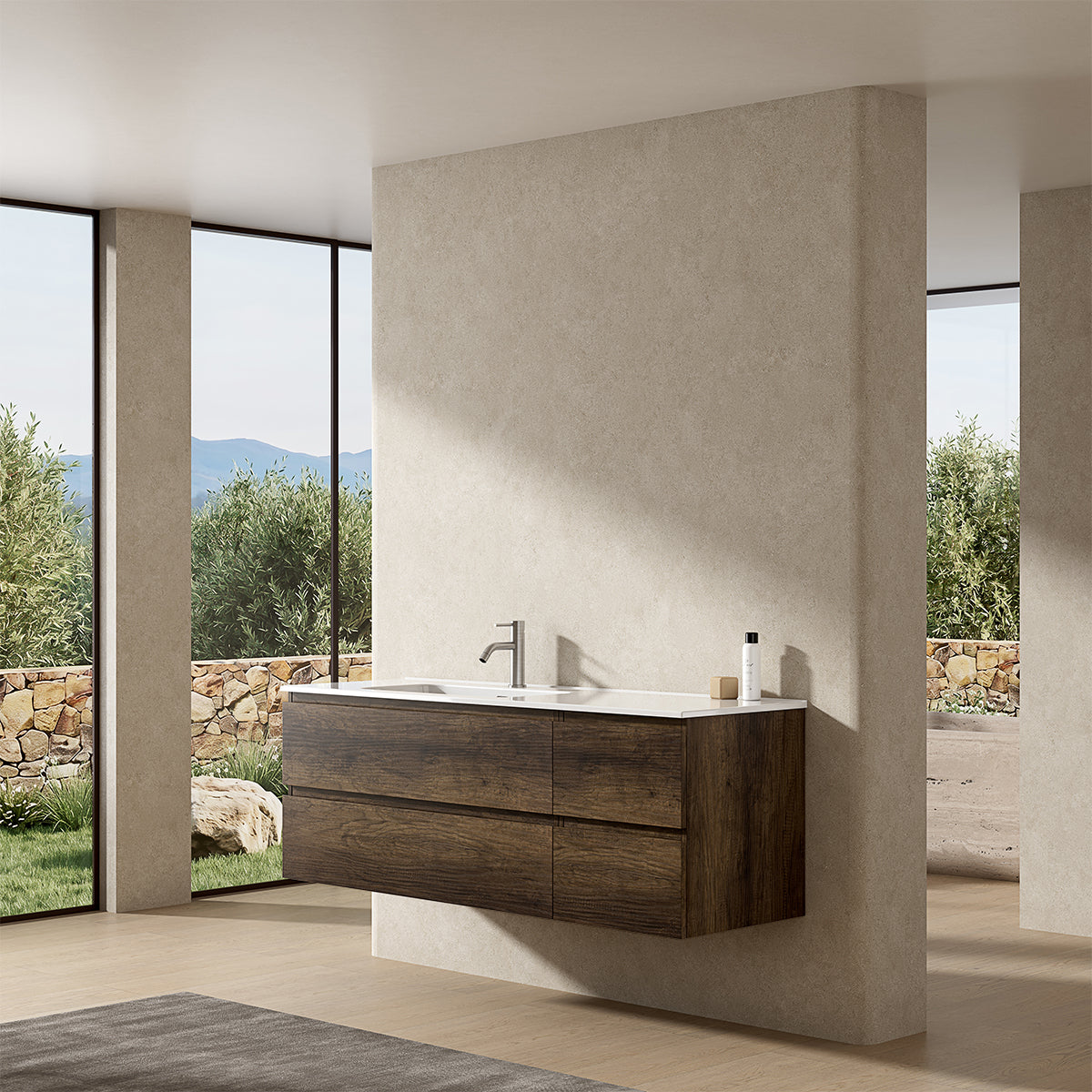 Mobile bagno sospeso 140 cm Bruno Scuro Lavabo a Sinistra in Resina Senza Specchio - Fiji Wood