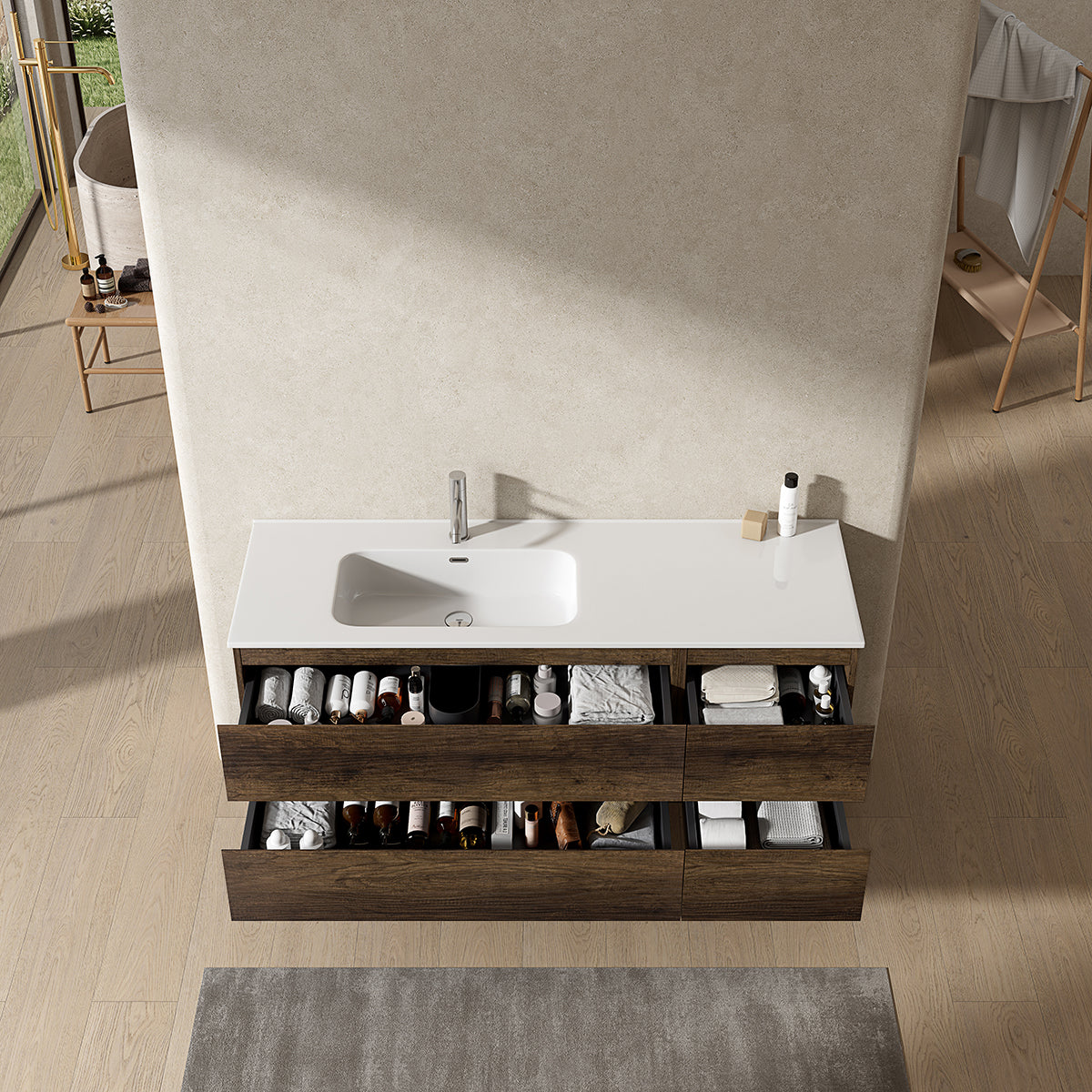 Mobile bagno sospeso 140 cm Bruno Scuro Lavabo a Sinistra in Resina Senza Specchio - Fiji Wood