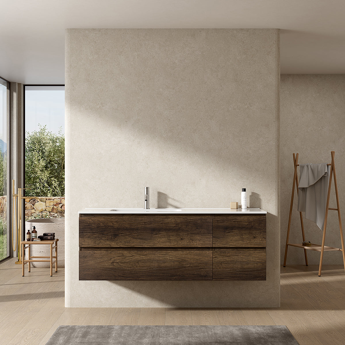 Mobile bagno sospeso 140 cm Bruno Scuro Lavabo a Sinistra in Resina Senza Specchio - Fiji Wood