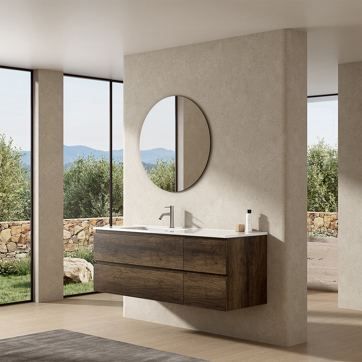 Mobile bagno sospeso 140 cm Bruno Scuro Lavabo a Sinistra in Resina Specchio Tondo - Fiji Wood